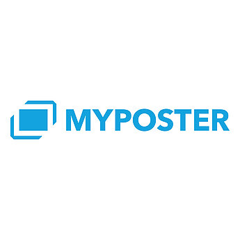 Ein Logo für "myposter", das ein blaues, quadratisches Symbol mit weißem Umriss und dem darunter stehenden Text "myposter" zeigt.
