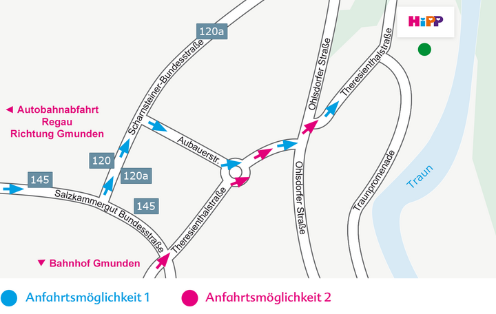 Eine Karte einer Region mit verschiedenen Straßennummern, einigen Landmarken und einem Fluss.