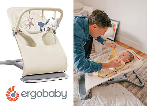 Ergobaby-Babyschale mit einem Mann, der mit einem Baby interagiert.
