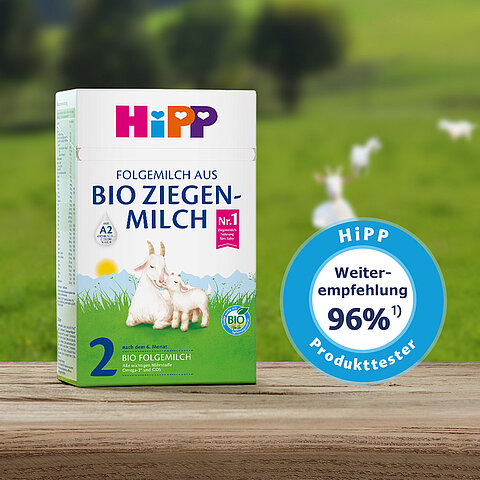 Eine Packung Hipp"-Babynahrung mit der Aufschrift Folgemilch aus Bio Ziegen-Milch" für Säuglinge ab 6 Monaten. Die Milchnahrung ist als "Produkttester" gekennzeichnet und hat eine Empfehlungsrate von 94 %.