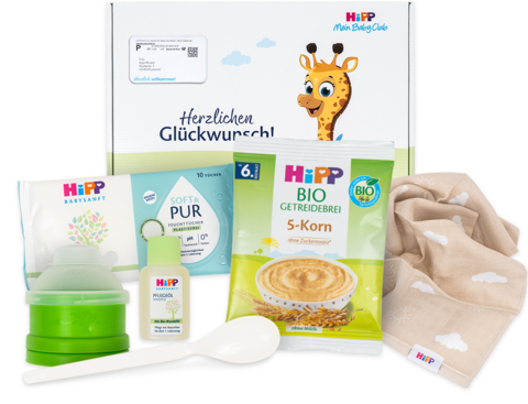 Eine Reihe von Babypflegeprodukten, darunter eine Babyflasche, ein Beutel für Babynahrung, ein Babytuch, eine Babylotion und einige andere Artikel.
