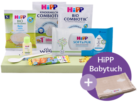 Eine Reihe von Babypflegeprodukten, darunter eine Babyflasche, ein Beutel für Babynahrung, ein Babytuch, eine Babylotion und einige andere Artikel.