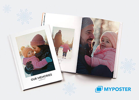 Eine dreiköpfige Familie, bestehend aus einem Mann, einer Frau und einem Kind, ist in Winterkleidung abgebildet, wobei der Mann und das Kind einen engen Moment miteinander verbringen.