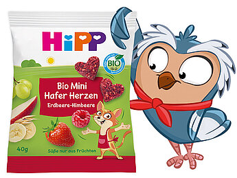 Eine Packung 'Hipp Bio Fur Kinder' Snacks mit einem Fuchs und einer Eule, wobei die Eule eine Tüte mit den Snacks hält.