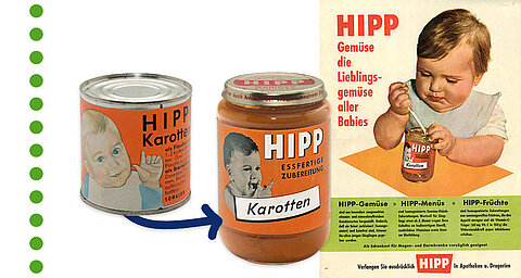 Eine Entwicklung der Babynahrungsverpackung von der alten Blechdose bis zum modernen Glas, mit Schwerpunkt auf einem Produkt namens "HIPP Karotten" und einer begleitenden alten Werbung, die ein essendes Baby zeigt.