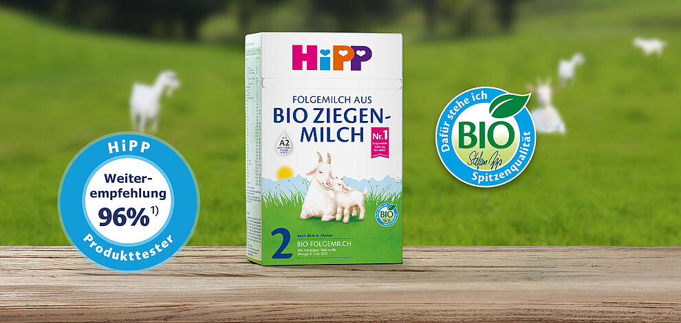 Eine Produktschachtel mit der Aufschrift "BIO ZIEGEN-MILCH" der Marke "Hipp", die den biologischen und hochwertigen Charakter des Produkts betont.
