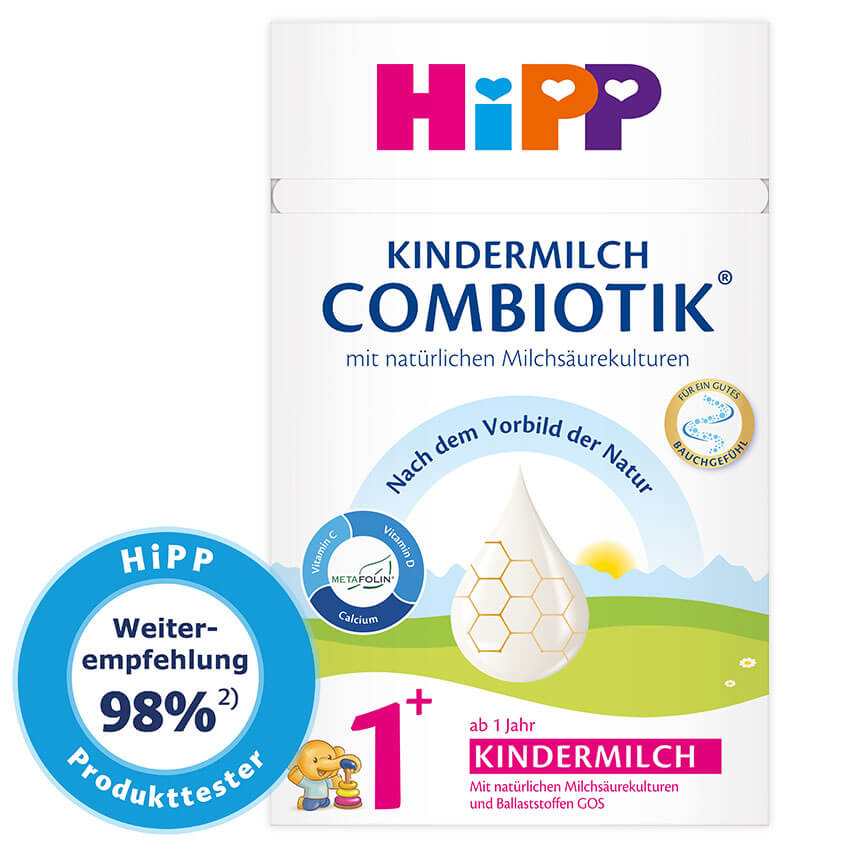 Eine Produktverpackung für 'KINDERMILCH COMBIOTIK' von Hipp, die die natürlichen Inhaltsstoffe und die 97%ige Wirksamkeit hervorhebt.
